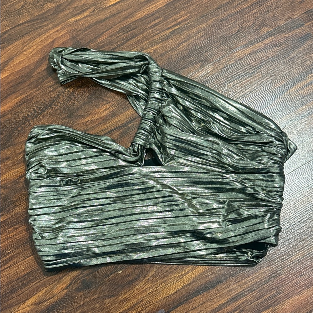 Zara Metallic Silver One-Shoulder Blouse